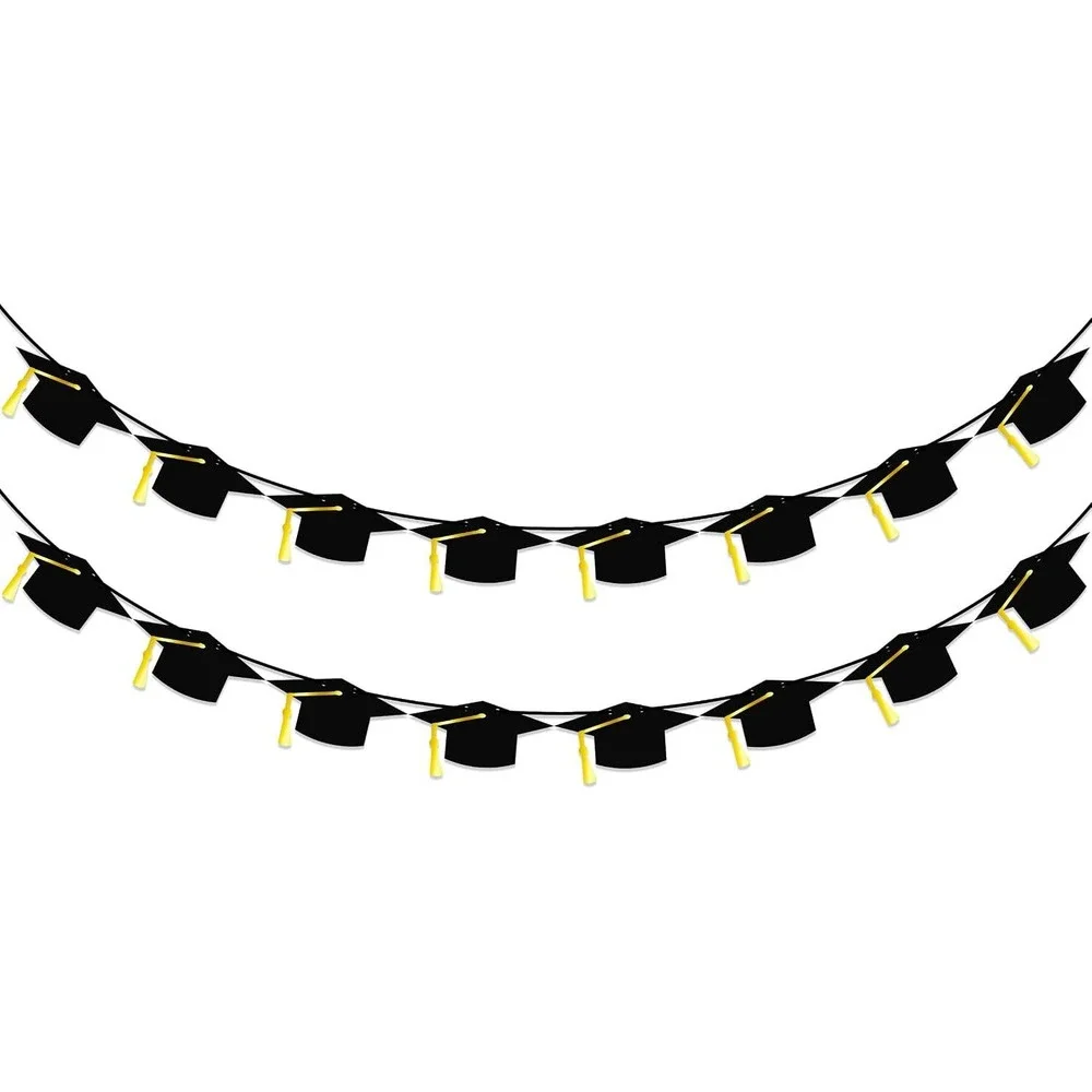 Graduation Cap Banner 2 Pack Black Yellow Tassel Mortarboard Garland 9.8ft Decor